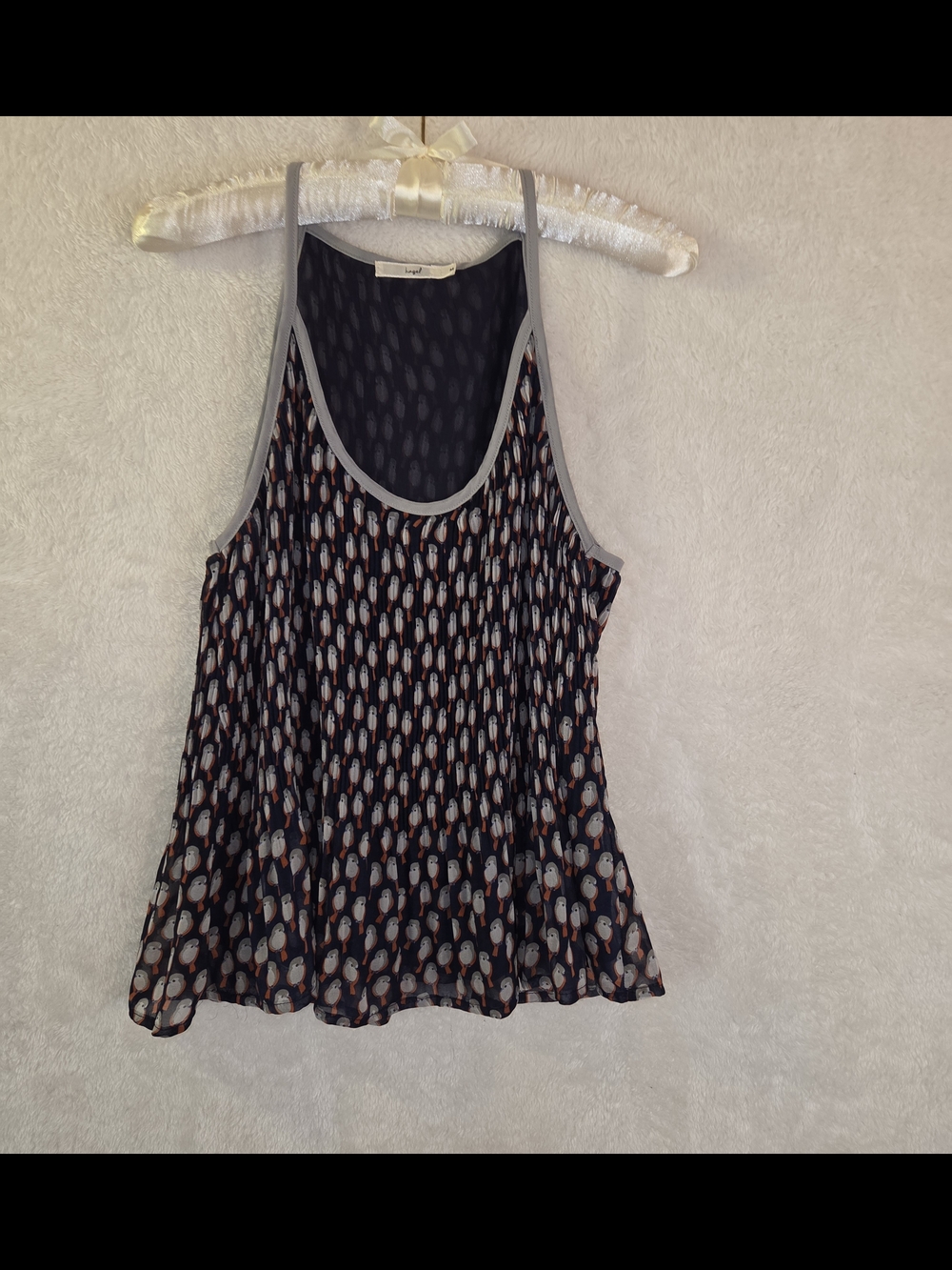Hazel Whimsical Navy Blue Bird Print Indie/Boho. Flowy Cami Tank Top Sz M